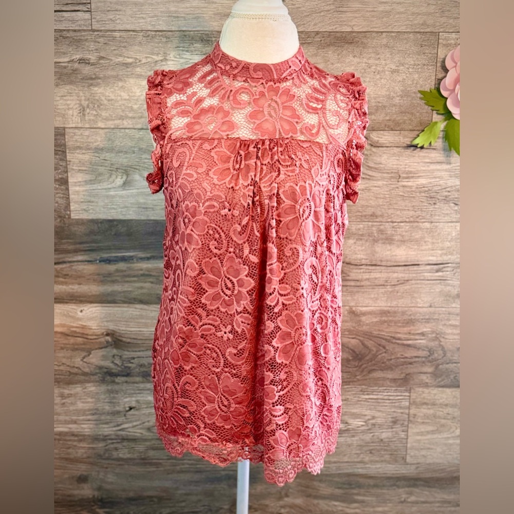 Lace Pink Floral Flowy High-Neck Top